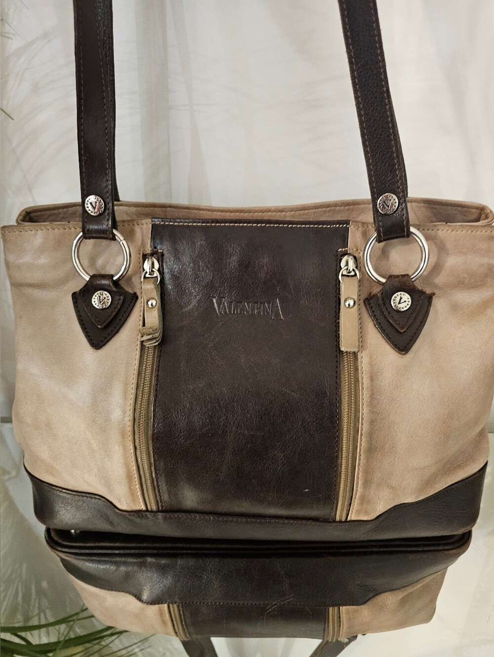 Valentina Two-Tone Leather Tote in Dark Brown and Beige